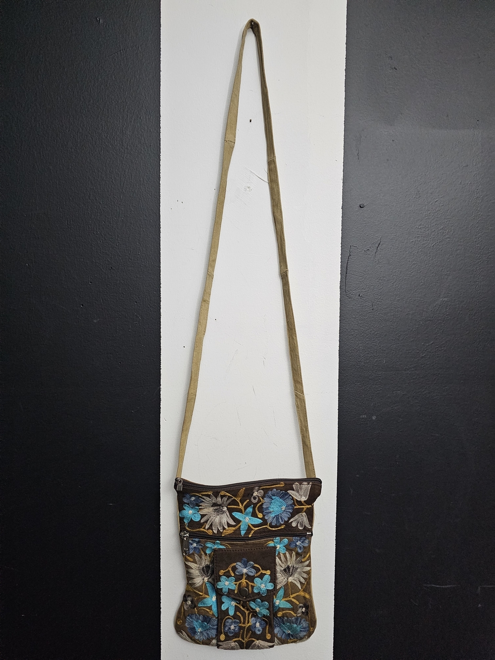 Brown Crossbody Bag with Turquoise Floral Embroidery